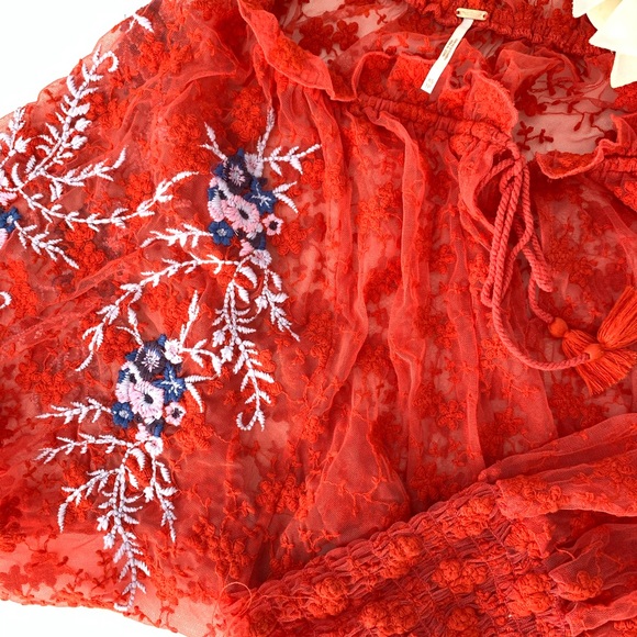 SOLD Free People Embroidered Red Sheer Race Blouse - Picture 8 of 8